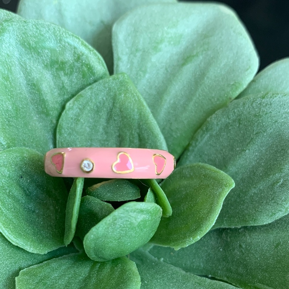 Pink Enamel Heart Band Ring with Gold and crystal Accents size 7